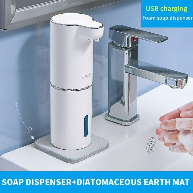 White Stevvex automatic foam soap dispenser with touchless operation, USB charging, adjustable volume, suitable for bathroom or office.