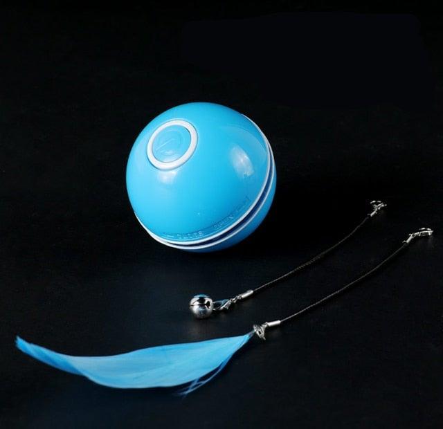Stevvex automatic smart cat toy ball with colorful LED lights, feathers, bells, and built-in spinning light for interactive feline play.