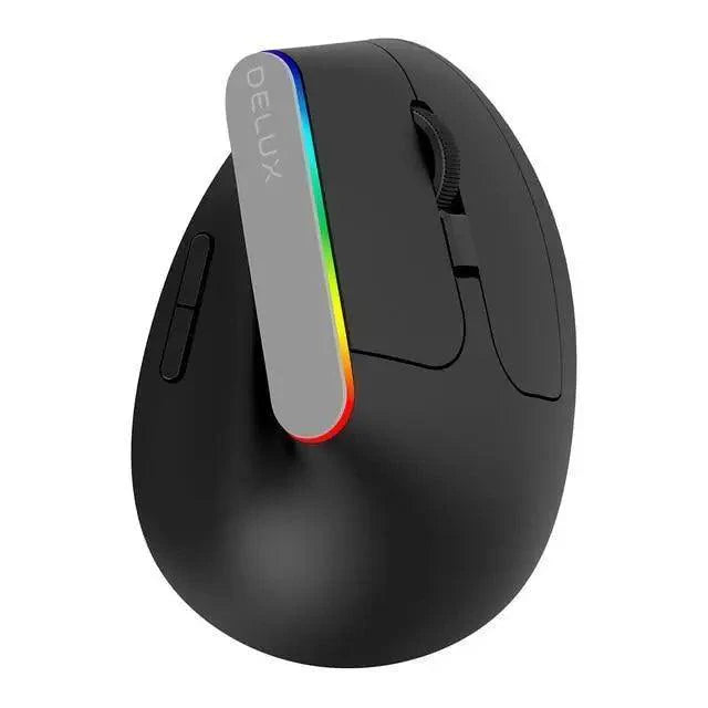 Black Stevvex wireless ergonomic vertical gaming mouse with 1600 DPI, RGB lighting, USB and 2.4GHz connection for PC and laptop.