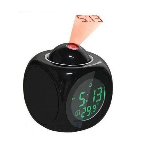 Stevvex STCC797SDF digital alarm clock with projection, LED display, temperature, date, and talking function on bedroom wall or ceiling