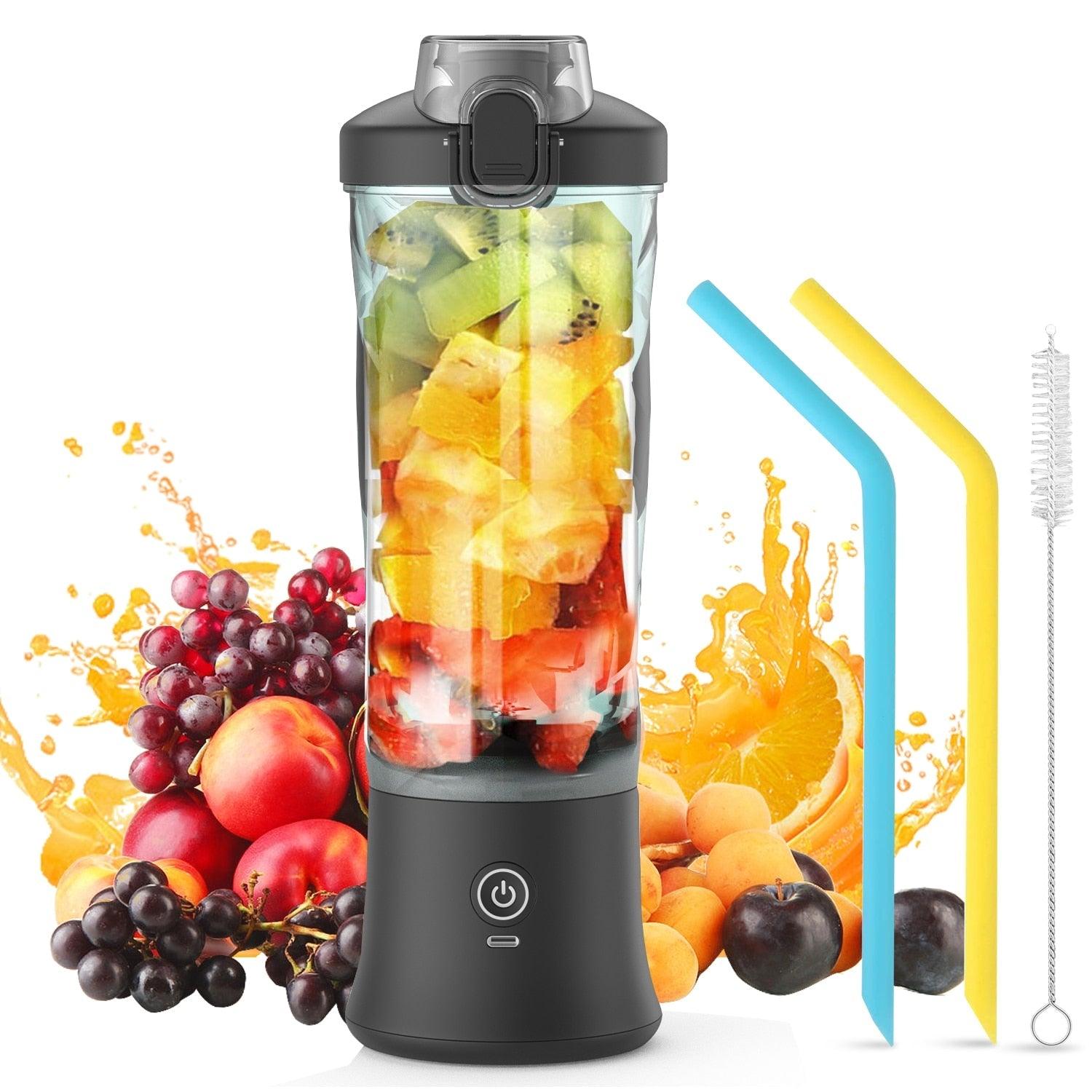 Stevvex portable 600ml electric blender with colorful cup, USB rechargeable, ideal for smoothies, fruit drinks, and milkshakes.
