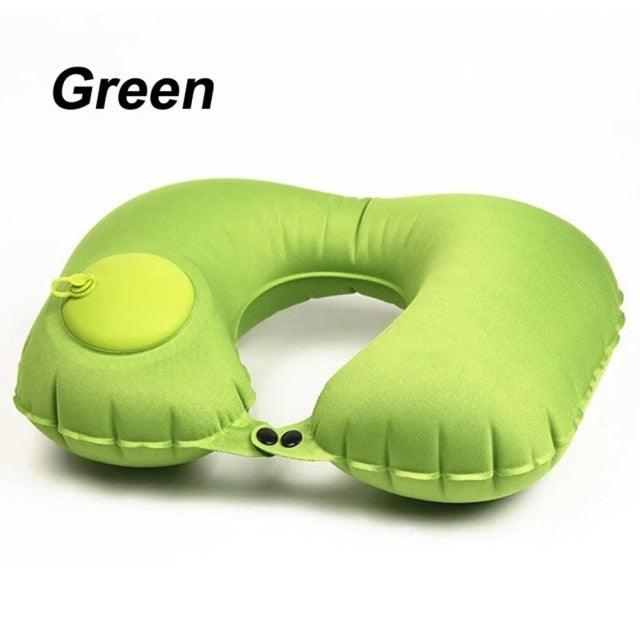 Stevvex portable U-shape inflatable travel pillow with ergonomic neck support, ideal for car, travel, and office naps.