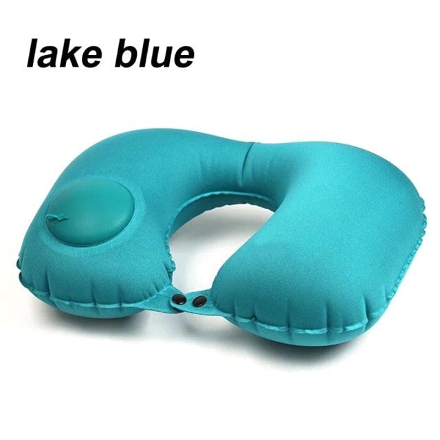 Stevvex portable U-shape inflatable travel pillow with ergonomic neck support, suitable for car, office, and travel naps.