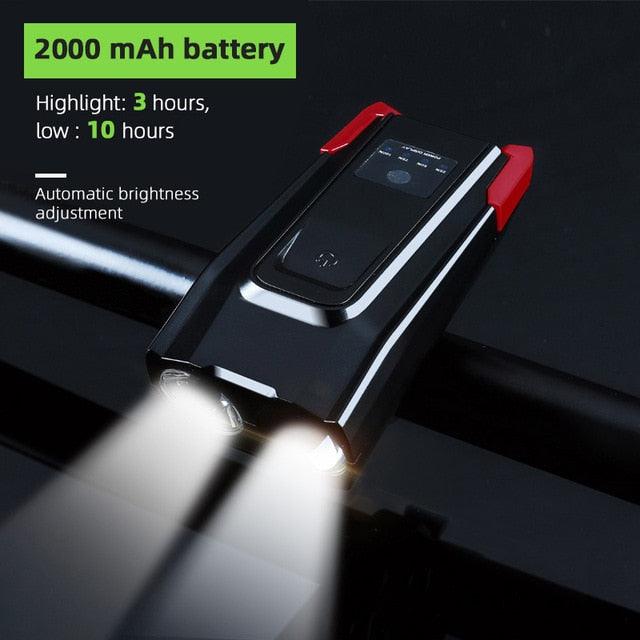 Stevvex 4000mAh USB rechargeable bicycle front light set with 800 lumen LED headlight and horn, suitable for night riding.