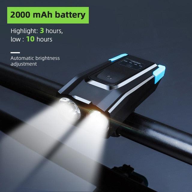 Stevvex 4000mAh bicycle front light set with USB recharge, smart headlight, horn, 800 lumens LED bike light for night riding