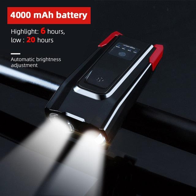Stevvex 4000mAh USB rechargeable bicycle front light set with 800 lumen LED headlight and built-in horn for visibility and safety.