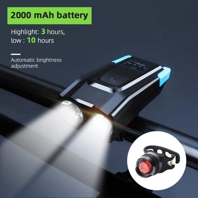 Stevvex 4000mAh USB rechargeable bicycle front light set with horn, 800 lumens LED headlight for bike safety and visibility
