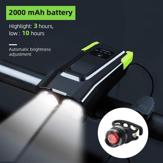Stevvex 4000mAh USB rechargeable bicycle front light set with horn, 800 lumen LED headlight and bright bike light for night riding