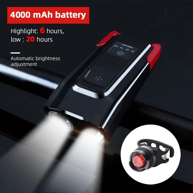 Stevvex 4000mAh USB rechargeable bicycle front light set with smart headlight, horn, 800 lumens LED, and bike headlight for visibility