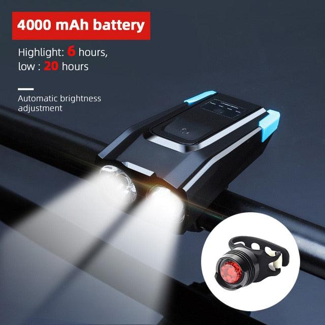 Stevvex 4000mAh USB rechargeable bicycle front light set with horn, 800 lumens LED headlight and bright bike safety light.