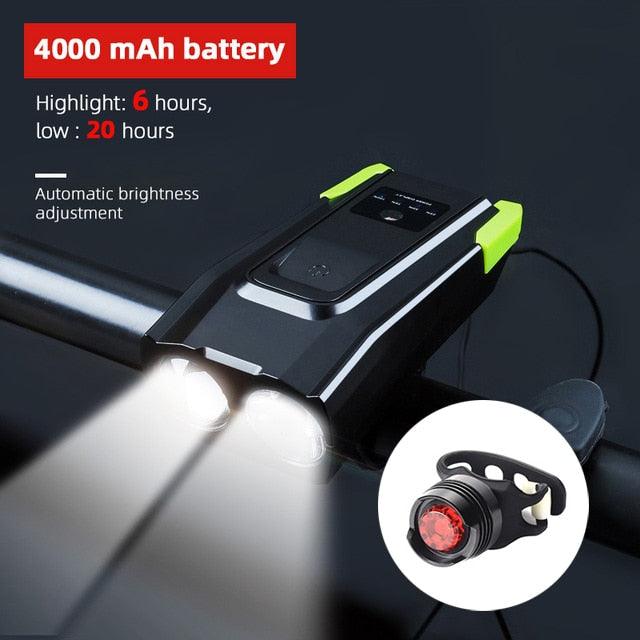 Stevvex 4000mAh USB rechargeable bicycle front light set with horn, 800 lumens LED headlight and bright bike light for nighttime riding