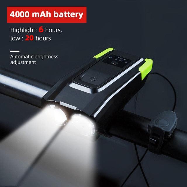 Stevvex 4000mAh USB rechargeable bicycle front light set with horn, 800 lumens LED headlight and bright bike light for night riding