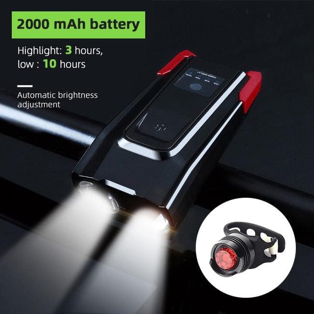 Stevvex 4000mAh USB rechargeable bicycle front light set with 800 lumens, bright LED headlight and horn for night riding.