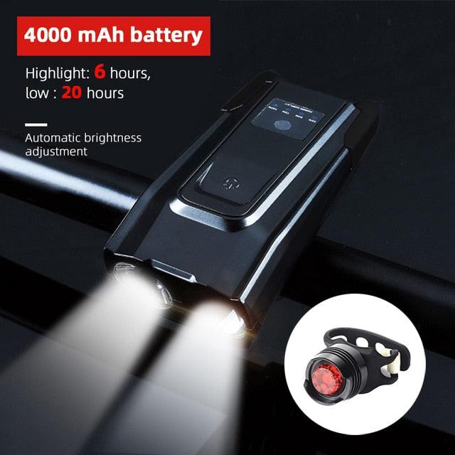 Stevvex 4000mAh USB rechargeable bicycle front light set with horn, 800 lumens LED headlight for bike safety and visibility