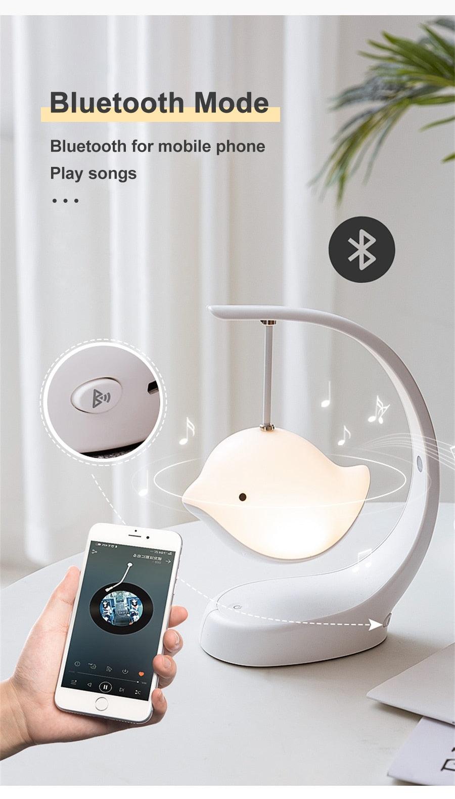 Colorful Bluetooth night light with LED speaker, touch control, USB rechargeable, decorative table lamp for bedroom and study decor.