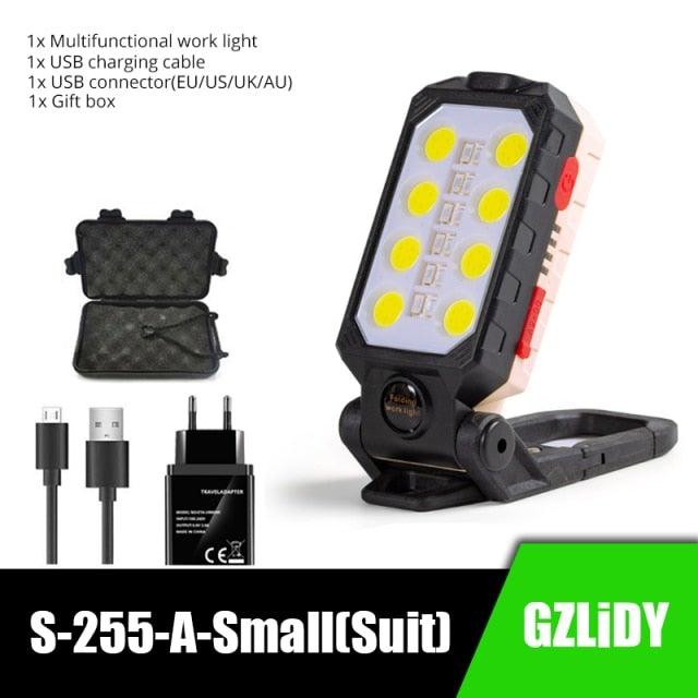 Stevvex rechargeable USB LED portable charger with digital LCD display, waterproof flashlight, COB work light, ideal for outdoor camping and repairs.