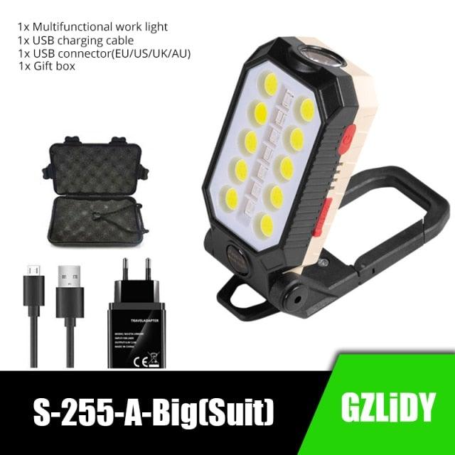 Stevvex rechargeable USB LED portable charger with digital LCD display, waterproof flashlight, and COB work light for outdoor camping and repairs.