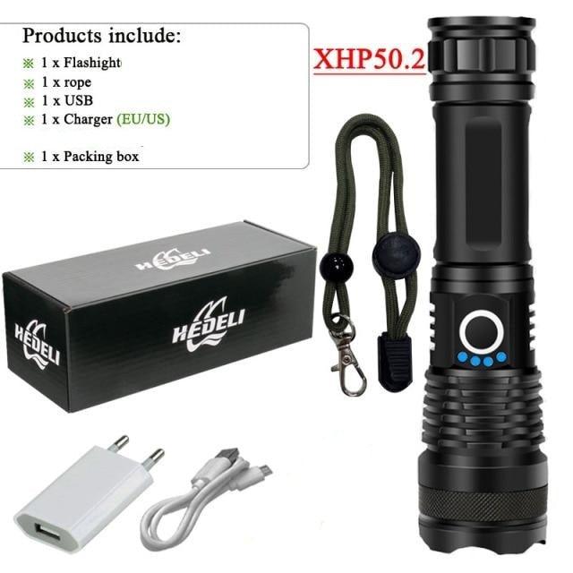 Stevvex rechargeable LED flashlight with high lumens, waterproof, zoomable, tactical design, handheld for outdoor camping and hiking.