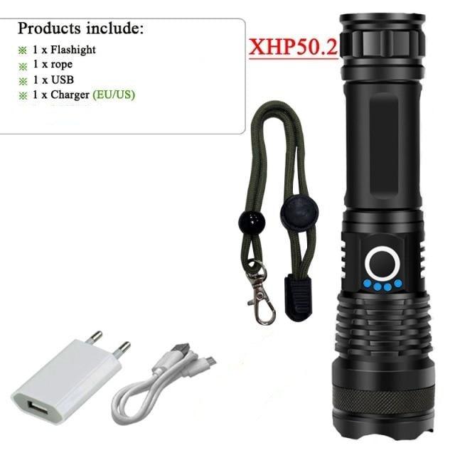 Stevvex rechargeable LED flashlight with high lumens, waterproof design, zoomable beam, tactical style, suitable for outdoor and camping use.