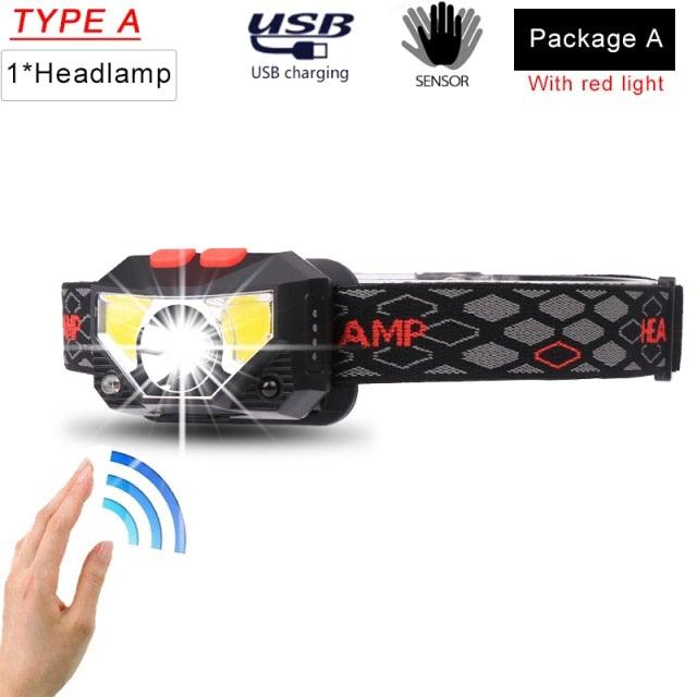 Stevvex rechargeable USB LED headlamp with high lumen brightness, waterproof, ultra-light design, ideal for outdoor camping, hiking, and biking.