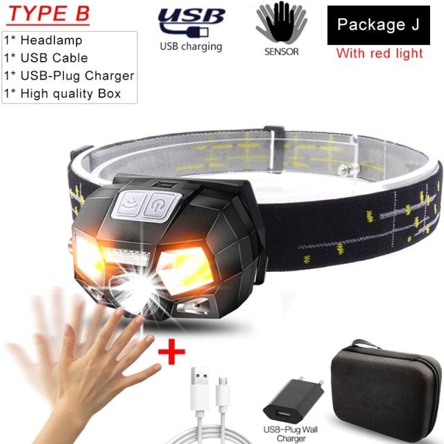 Stevvex rechargeable USB LED headlamp with high lumen brightness, waterproof sensor headlight for outdoor camping, hiking, biking, and fishing.