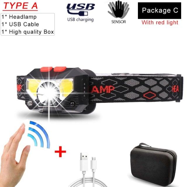 Stevvex rechargeable USB LED headlamp with high lumen brightness, waterproof sensor headlight suitable for camping, hiking, biking, and fishing.