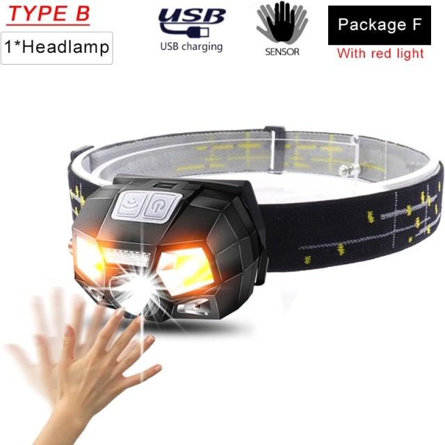 Stevvex rechargeable USB LED headlamp with high lumen output, waterproof sensor, lightweight design for camping, hiking, running, and fishing.