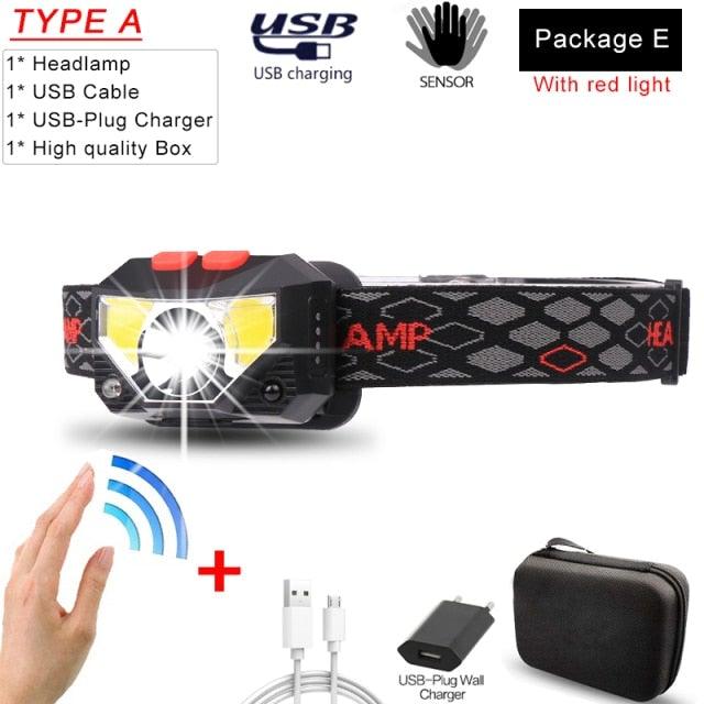 Stevvex rechargeable USB LED headlamp with high lumen brightness, waterproof, ultra-light design, ideal for outdoor camping, hiking, and biking.