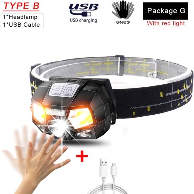 Stevvex rechargeable USB LED headlamp with high lumen brightness, waterproof sensor, ultra-light design for outdoor camping, hiking, biking.