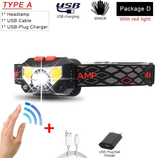 Stevvex rechargeable USB LED headlamp with high lumen brightness, waterproof design, ultra-light for outdoor camping, hiking, and biking.