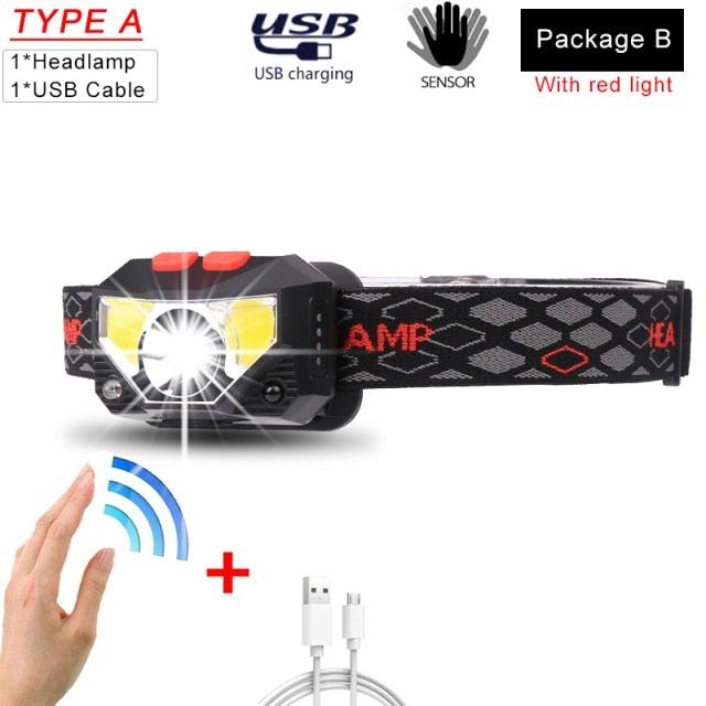 Stevvex rechargeable USB LED headlamp with high lumen brightness, waterproof, ultra-light, for outdoor camping, hiking, running, biking, fishing.