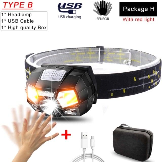 Stevvex rechargeable USB LED headlamp with high lumen brightness, waterproof sensor design, ideal for outdoor activities like camping and hiking.