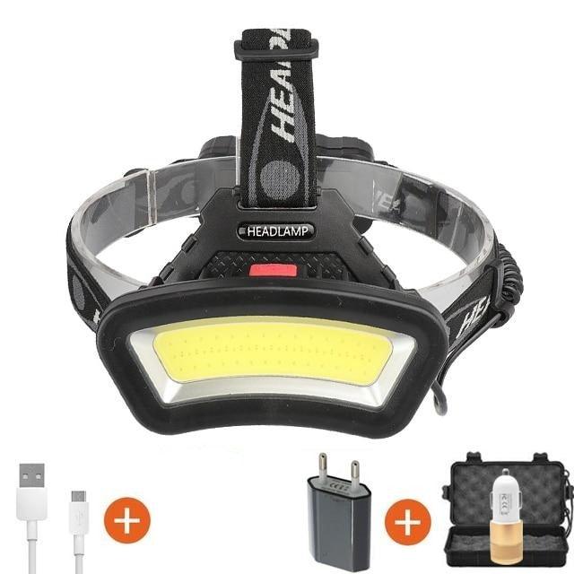 Stevvex rechargeable USB headlamp with 500m long-range, waterproof, lightweight design, adjustable floodlight for outdoor activities.