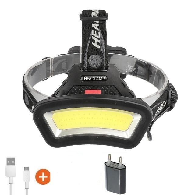 Stevvex rechargeable USB headlamp with 500m range, waterproof, lightweight, high lumen floodlight for outdoor activities like hiking and camping.