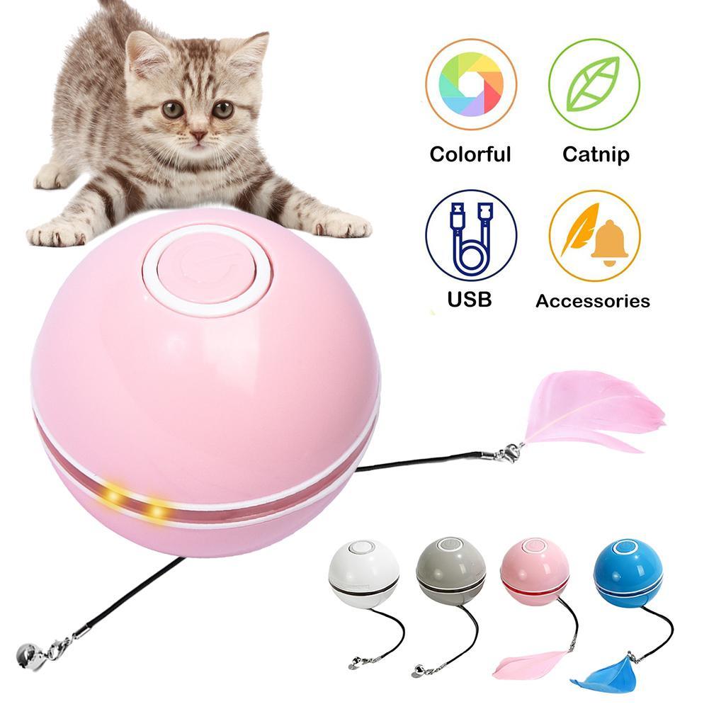 Colorful LED smart interactive cat toy with self-rotating ball, feather, bell, and catnip for playful feline exercise by Stevvex.