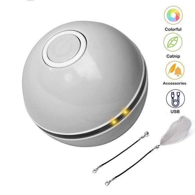 Colorful LED smart interactive cat toy with rotating ball, feathers, bell, and catnip for indoor exercise and entertainment.