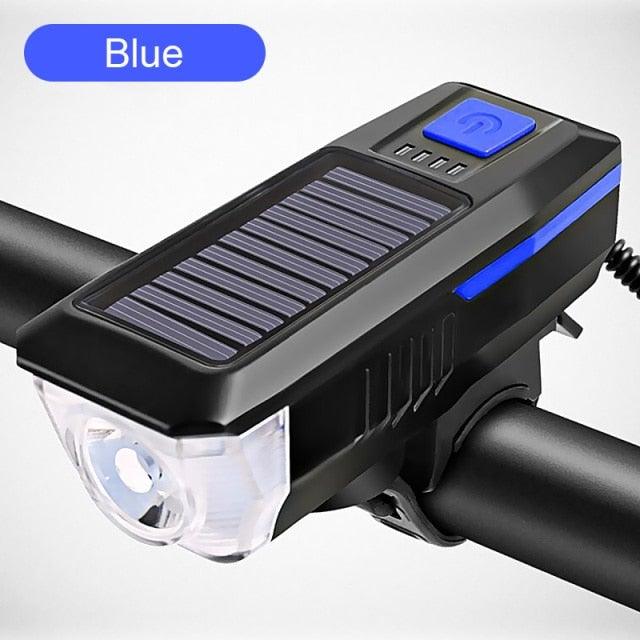 Stevvex solar-powered bicycle front light and bell combo with LED headlight, waterproof design, rechargeable, USB, and multiple lighting modes.