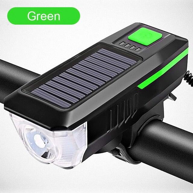 Stevvex solar-powered LED bicycle front light with waterproof design, rechargeable headlight, and bicycle bell for mountain and road cycling.