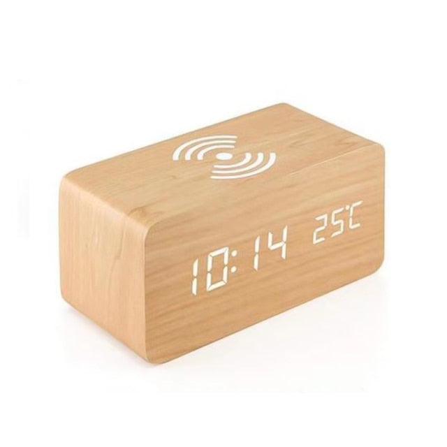 Stevvex USB/AAA powered wooden digital alarm clock with LED display, wireless charging, sound control, and snooze for bedroom or office.
