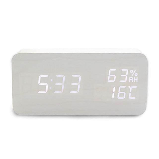Stevvex wooden LED digital alarm clock with wireless charging, dual alarms, sound control, snooze, and large LED display.