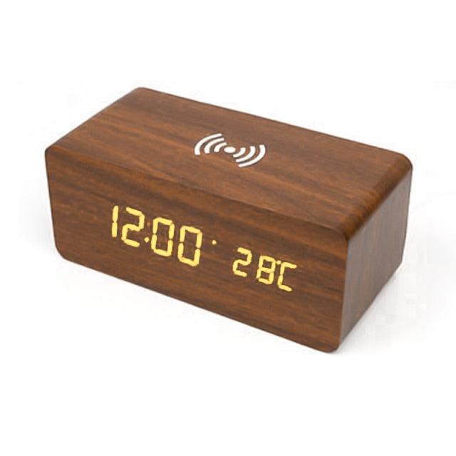 Stevvex wooden digital alarm clock with LED display, wireless charging, multiple alarms, sound control, and snooze for bedroom or office.