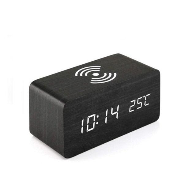 Stevvex wooden digital alarm clock with LED display, wireless charging, multiple alarms, sound control, and snooze for bedroom or office.
