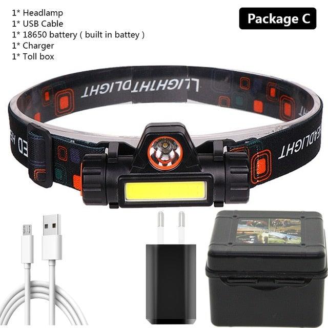 Stevvex waterproof USB LED headlamp with 2 light modes, rechargeable 18650 battery, magnetic mount, ideal for outdoor camping and cycling.