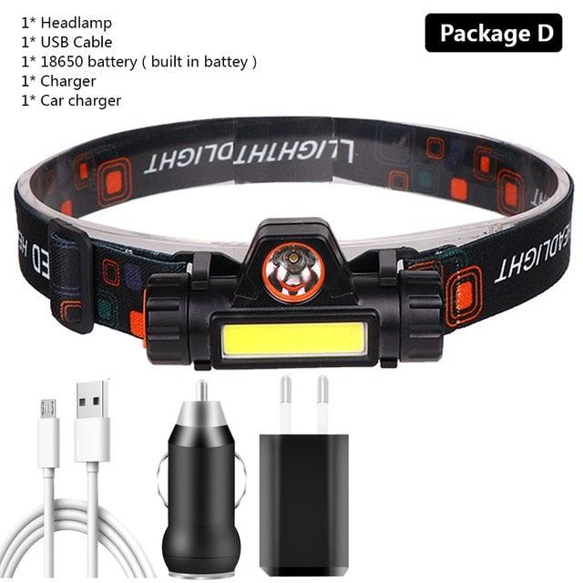 Stevvex waterproof USB LED headlamp with magnetic rechargeable headlight, built-in 18650 battery, suitable for camping, cycling, and fishing.