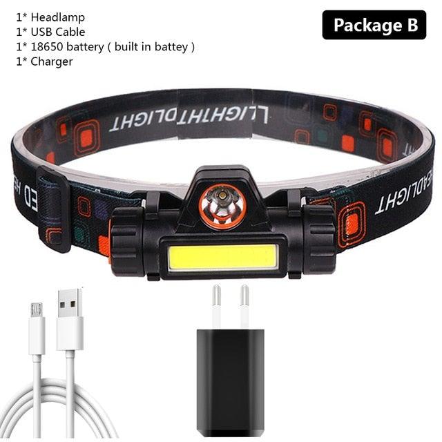 Stevvex waterproof USB LED headlight with 2 light modes, magnetic base, built-in 18650 battery, ideal for camping, cycling, fishing.
