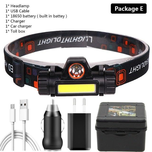 Stevvex waterproof USB LED headlamp with magnet, adjustable light modes, built-in 18650 battery, suitable for camping, cycling, and fishing.
